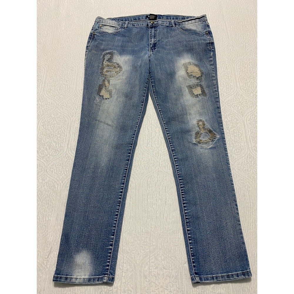 Tractor Jeans Womens Size 13 Blue Faded Distressed Patched Stretch Straight Leg